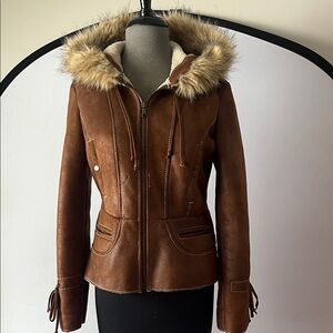Guess Brown Leather Jacket with Faux Fur Hood